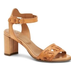 Aquatalia NWOB Samara Woven Vamp Block Heel Sandal Tan Camel Leather Size 7